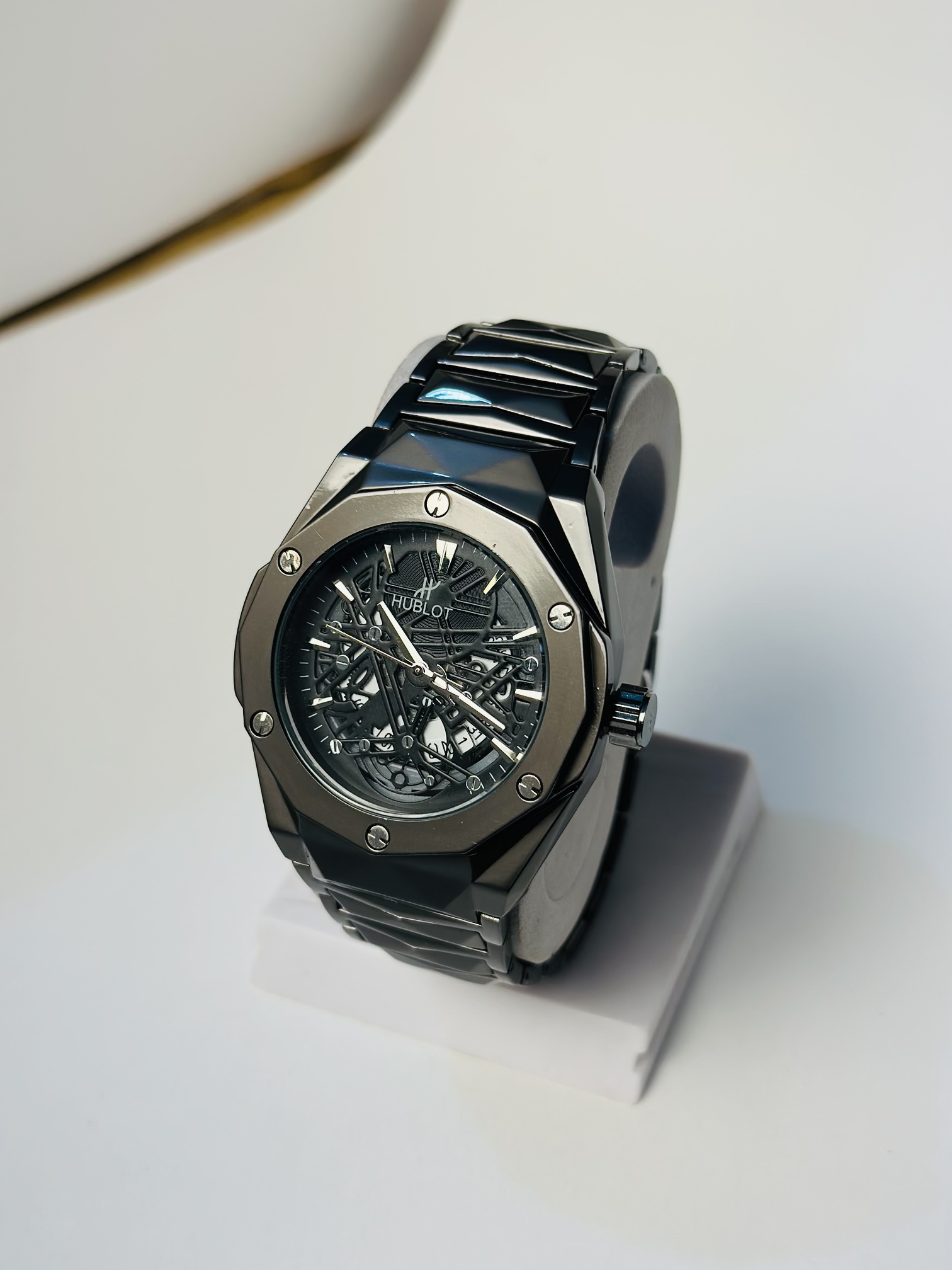 IMG_5354 HUBLOT BLACK SKELETON Watch For Men High Quality Waterproof Full Stainless Steel Active Date Fashionable Quartz Watch - Image 1